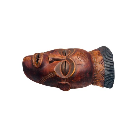 Large Vintage Wooden African Warrior Mask Wall Decor Hand Carved 16" x 9" - Picture 6 of 8